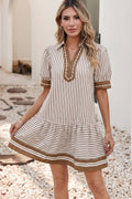 Brown Stripe Ruffle Hem Mini Dress
