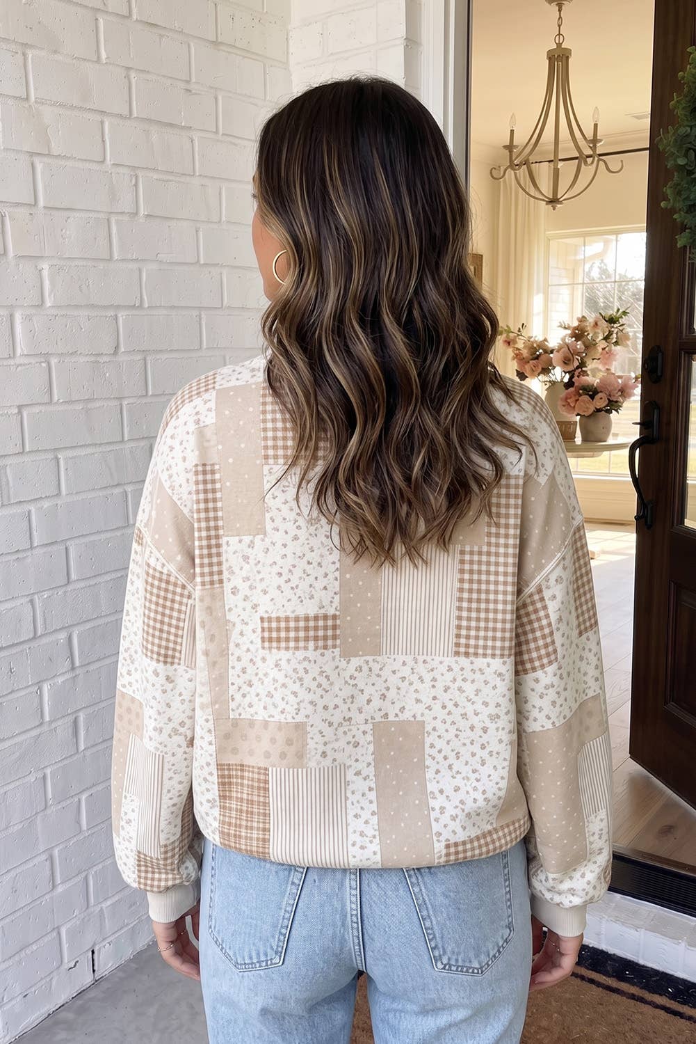 Khaki Floral Patchwork Mock Neck Sweatshirt