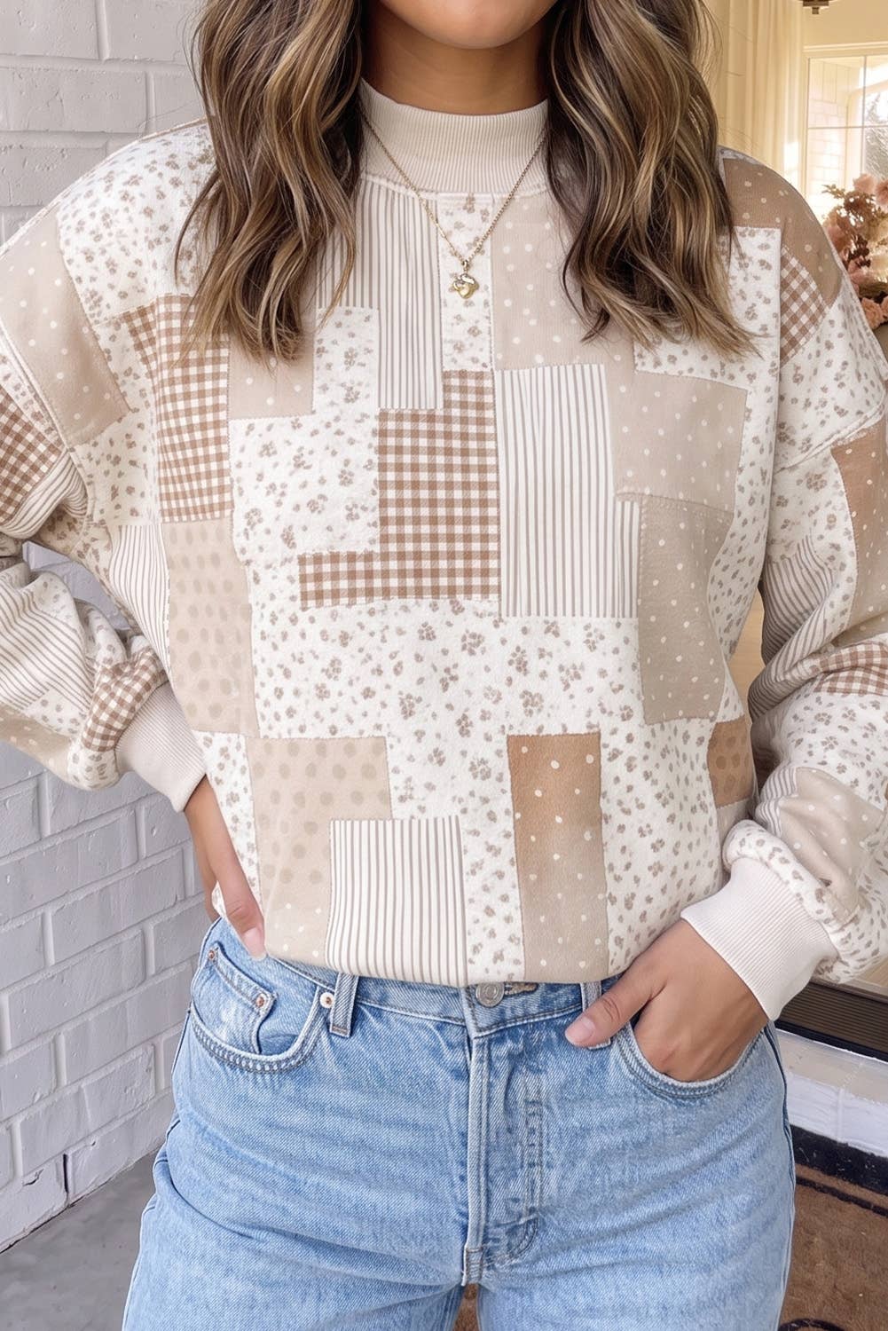 Khaki Floral Patchwork Mock Neck Sweatshirt