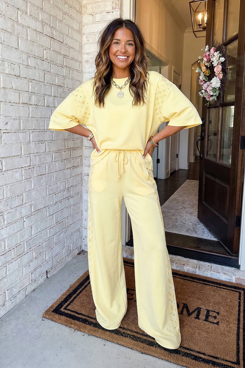 Yellow Cream Floral Eyelet Two-Piece Set