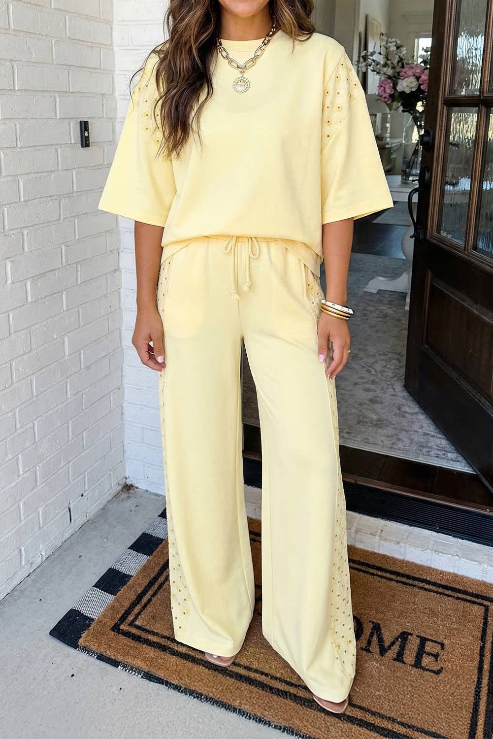 Yellow Cream Floral Eyelet Two-Piece Set