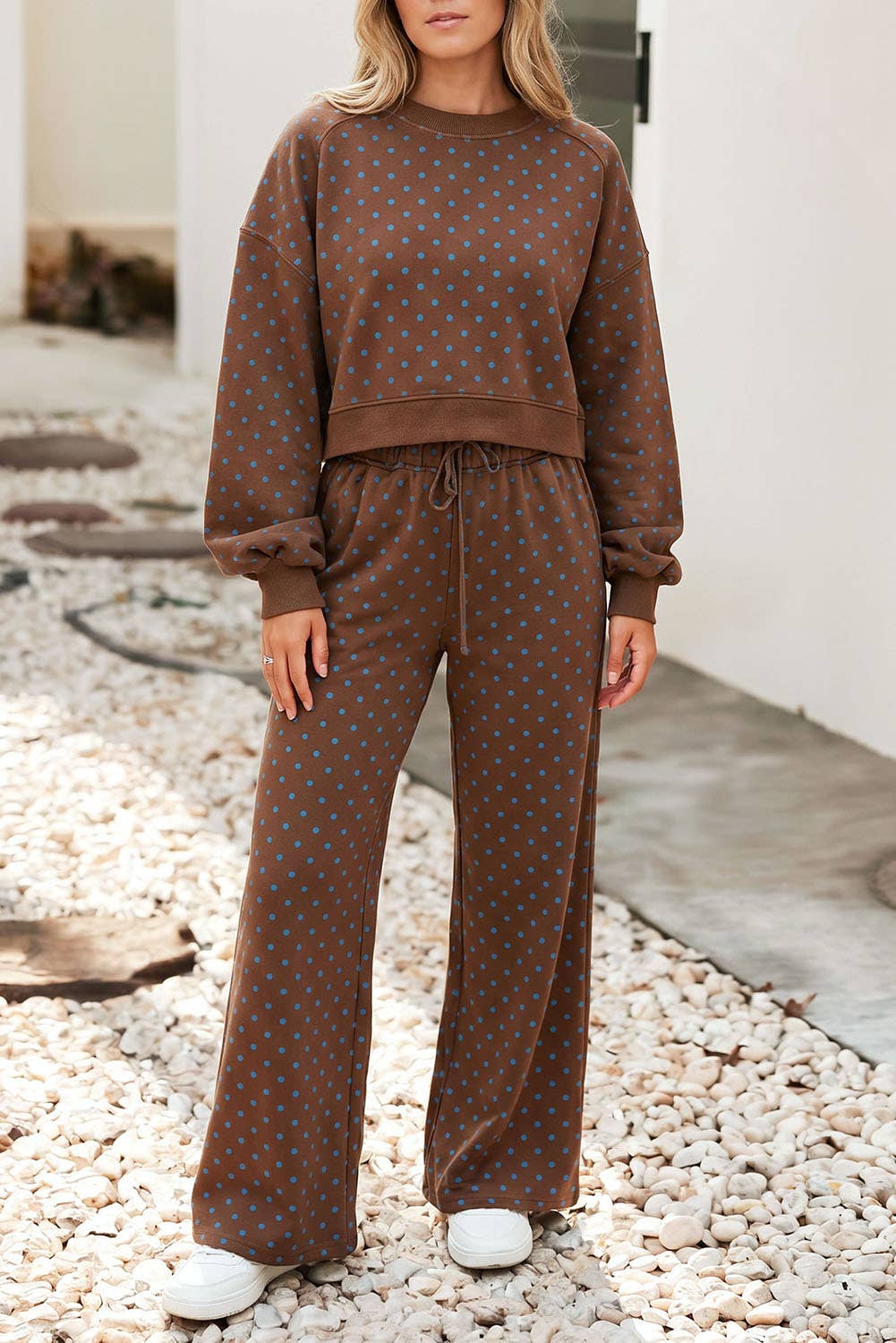 Brown Polka Dot Drawstring Two-Piece Set